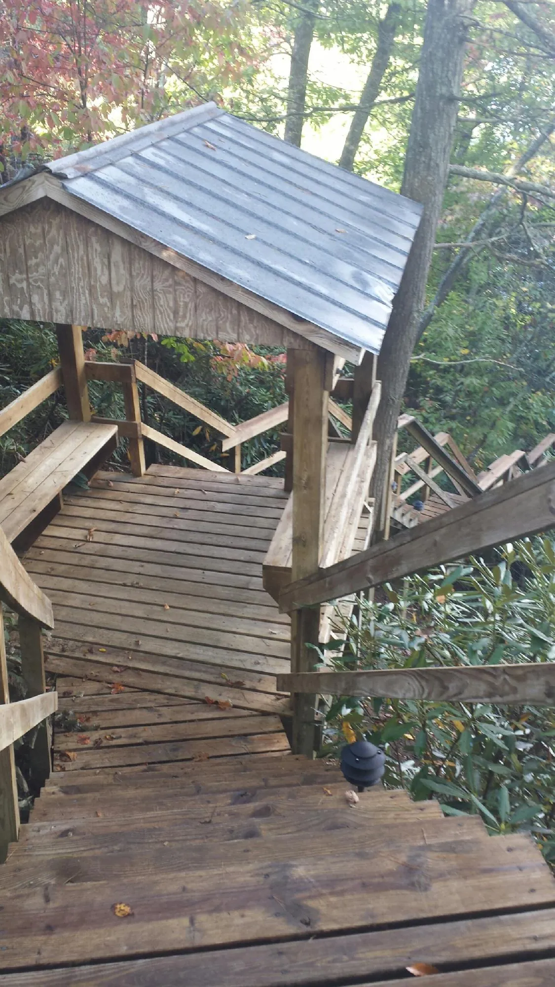 Metal roofed shelter over wooden steps on a wooded walkway — Skylight Repair & Installation work by our crew in Courtenay